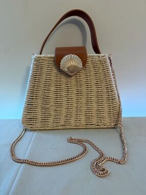 Woven Straw Top-Handle Bag with Shell Accent - Cream & Brown